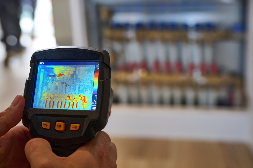 Pioneer Underfloor Heating technician using a thermal camera to measure the temperature of an underfloor heating manifold.